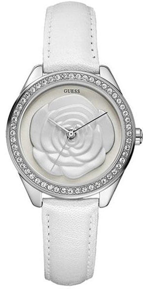 Buy Shop Guess Rosette Analog White Dial White Leather Strap Watch For Women - W75043L1 USA Online