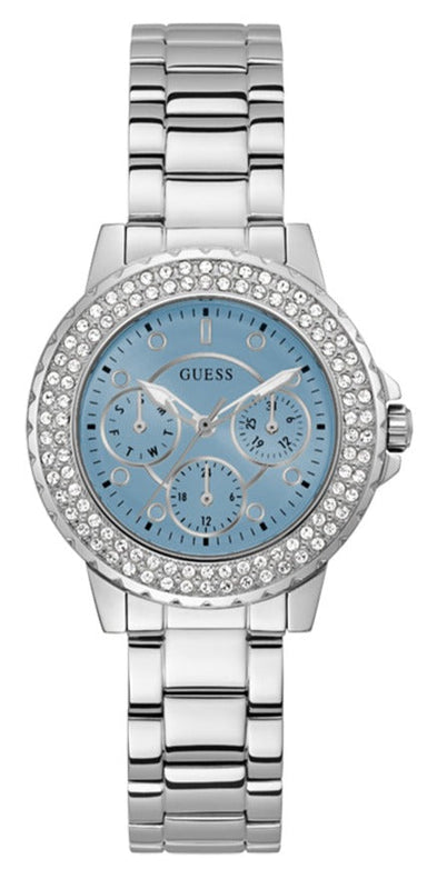 Buy Shop Guess Crown Jewel Diamonds Blue Dial Silver Steel Strap Watch for Women - GW0410L1 USA Online