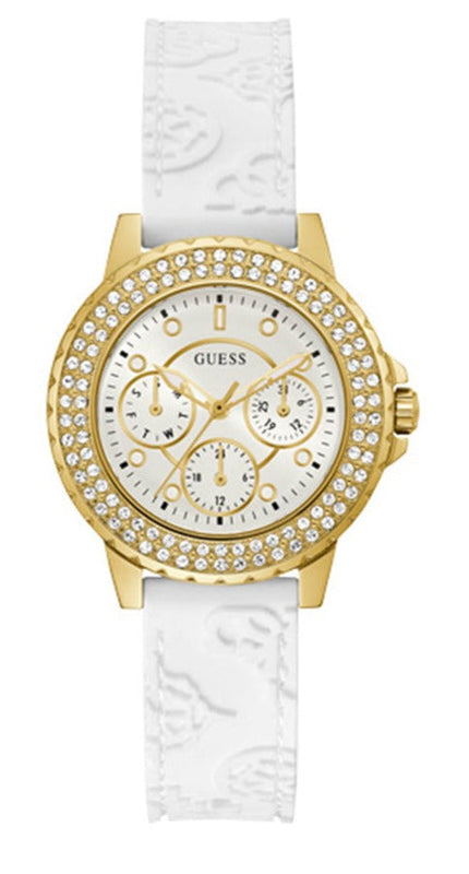 Buy Shop Guess Crown Jewel Multifunction Diamonds White Dial White Leather Strap Watch for Women - GW0411L1 USA Online