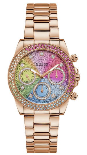 Guess Confetti Multifunction Multicolor Dial Rose Gold Steel Strap Watch For Women - GW0483L3