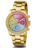 Guess Confetti Chronograph Rainbow Dial Gold Steel Strap Watch For Women - GW0483L4