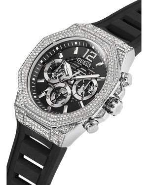 Guess Momentum Chronograph Crystals Black Dial Black Silicone Strap Watch For Men - GW0518G1
