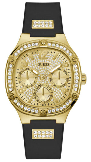 Guess Duchess Crystals Gold Dial Black Silicon Strap Watch For Women - GW0619L2