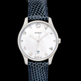 Buy Shop Gucci G-Timeless Signature Mother of Pearl Silver Dial Blue Leather Strap Watch For Women - YA1264049 USA Online