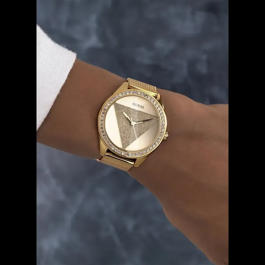 Buy Shop Guess Tri Glitz Quartz Diamonds Gold Dial Gold Mesh Bracelet Watch For Women - W1142L2 USA Online