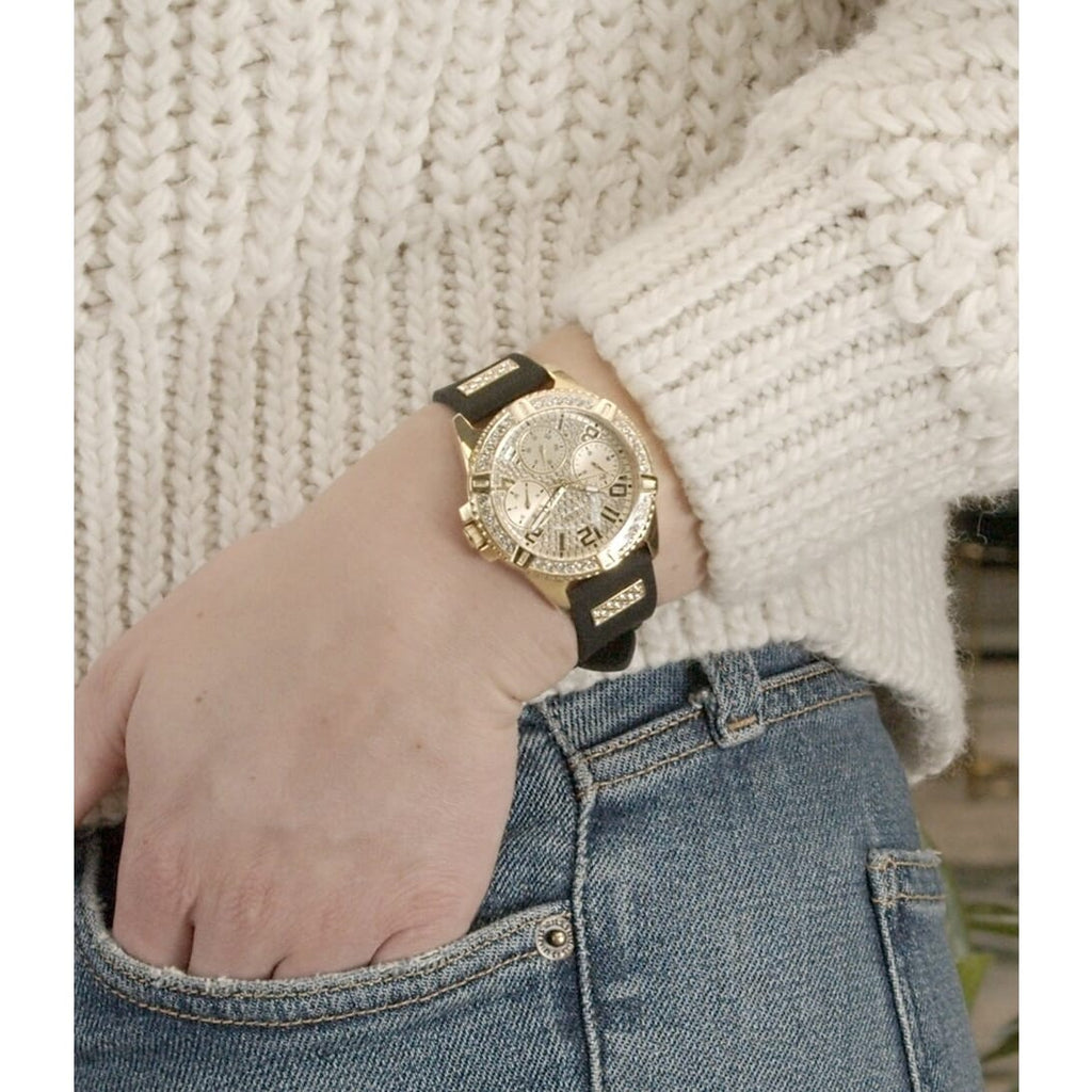 Buy Shop Guess Frontier Diamonds Gold Dial Black Rubber Strap Watch For Women - W1160L1 USA Online