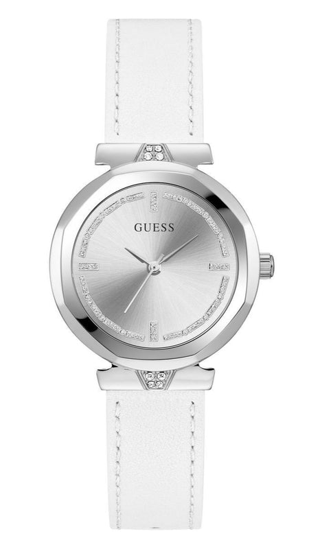 Buy Shop Guess Rumour Silver Dial White Leather Strap Watch For Women - GW0689L1 USA Online