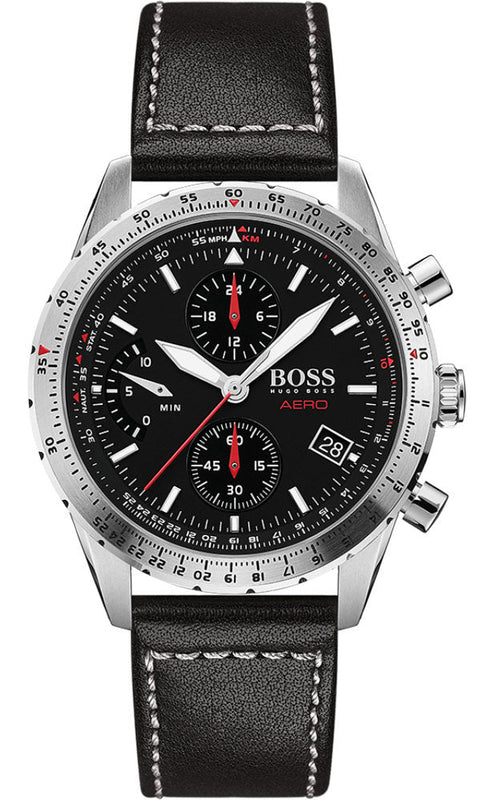 Buy Shop Hugo Boss Aero Chronograph Black Dial Black Leather Strap Watch for Men - 1513770 USA Online