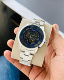 Buy Shop Fossil Townsman Automatic Skeleton Blue Dial Silver Steel Strap Watch for Men - ME3073 USA Online