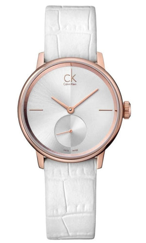 Calvin Klein Accent Silver Dial White Leather Strap Watch for Women - K2Y236K6