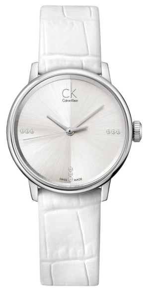 Calvin Klein Accent Silver Dial White Leather Strap Watch for Women - K2Y2Y1KW