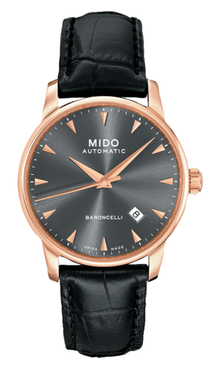 Mido Baroncelli III Automatic Grey Dial Black Leather Strap Watch For Men - M8600.3.13.4