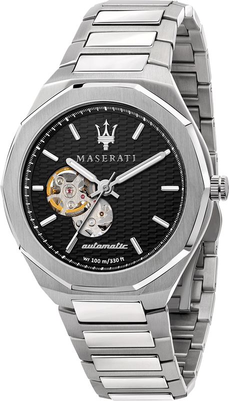 Buy Shop Maserati Stile Skeleton Automatic Black Dial Silver Steel Strap Watch For Men - R8823142002 USA Online