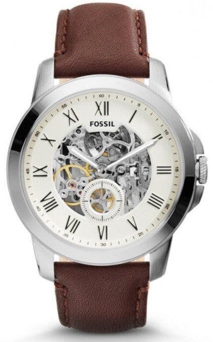 Buy Shop Fossil Grant Automatic Beige Skeleton Dial Brown Leather Strap Watch for Men - ME3099 USA Online