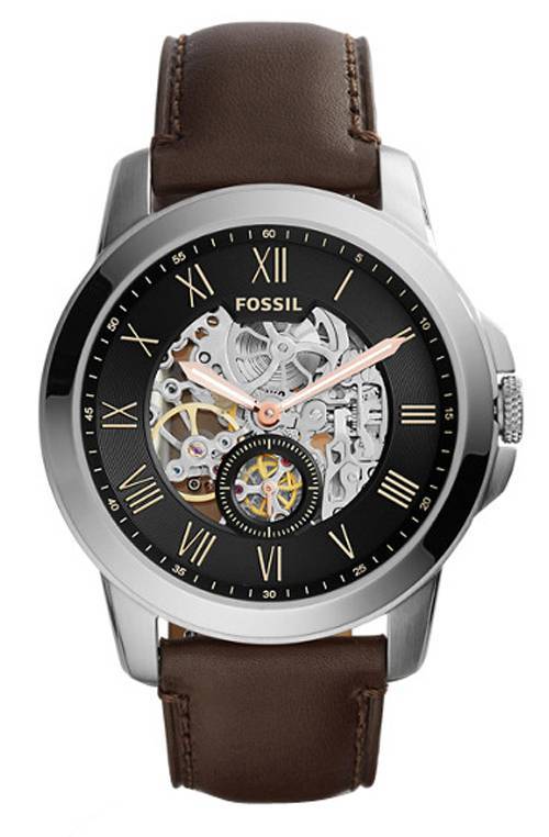 Buy Shop Fossil Grant Automatic Skeleton Black Dial Brown Leather Strap Watch for Men - ME3095 USA Online
