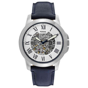 Buy Shop Fossil Grant Automatic Skeleton Silver Dial Blue Leather Strap Watch for Men - ME3111 USA Online