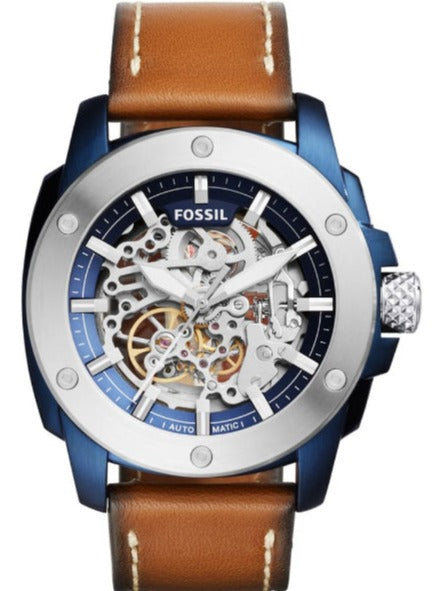 Buy Shop Fossil Modern Machine Automatic Skeleton Silver Dial Brown Leather Strap Watch for Men - ME3135 USA Online
