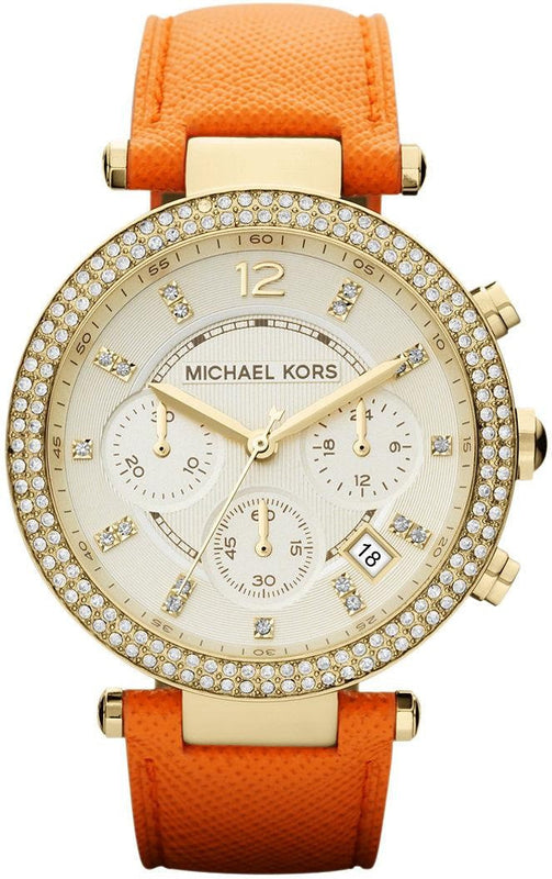 Buy Shop Michael Kors Parker Champagne Dial Orange Leather Strap Watch for Women - MK2279 USA Online