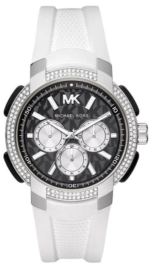 Buy Shop Michael Kors Sidney Multifunction Black Dial White Silicone Strap Watch For Women - MK6947 USA Online