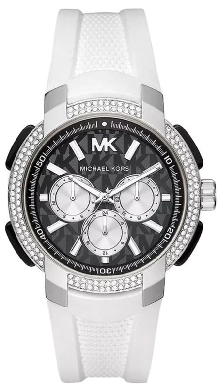 Buy Shop Michael Kors Sidney Multifunction Black Dial White Silicone Strap Watch For Women - MK6947 USA Online