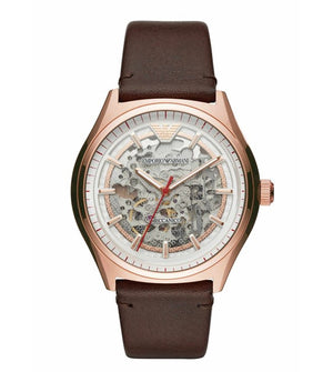 Buy Shop Emporio Armani Meccanico White Skeleton Dial Brown Leather Strap Watch For Men - AR60005 USA Online