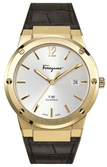 Buy Shop Salvatore Ferragamo F-80 Classic Silver Dial Brown Leather Strap Watch for Men - SFDT00419 USA Online