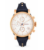 Buy Shop Fossil Original Boyfriend Chronograph White Dial Navy Blue Leather Strap Watch for Women - ES3838 USA Online