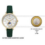 Fossil Jacqueline Multifunction Moonphase Mother of Pearl White Dial Green Leather Strap Watch for Women - ES5244