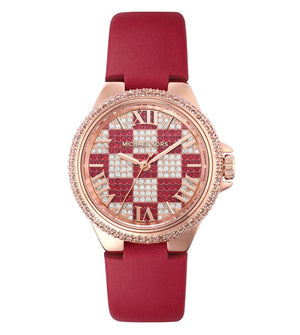 Buy Shop Michael Kors Camille Three Hand Crystals Rose Gold Dial Red Leather Strap Watch For Women - MK4701 USA Online