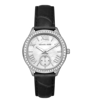 Buy Shop Michael Kors Sage Three-Hand Mother of Pearl White Dial Black Leather Strap Watch for Women - MK4821 USA Online