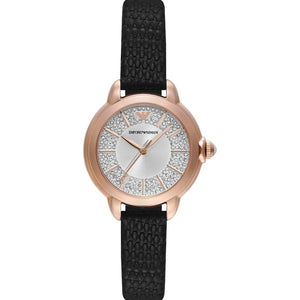 Buy Shop Emporio Armani Mia Three Hand Crystals Silver Dial Black Leather Strap Watch For Women - AR11631 USA Online