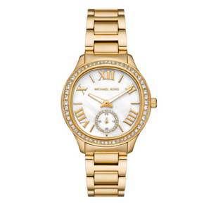 Buy Shop Michael Kors Sage Three-Hand Mother of Pearl White Dial Gold Steel Strap Watch for Women - MK4805 USA Online