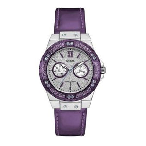 Buy Shop Guess Limelight Quartz Silver Dial Purple Leather Strap Watch For Women - W0775L6 USA Online
