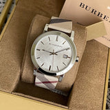 Burberry The City Nova White Dial Checked Brown Leather Strap Watch for Men - BU9357