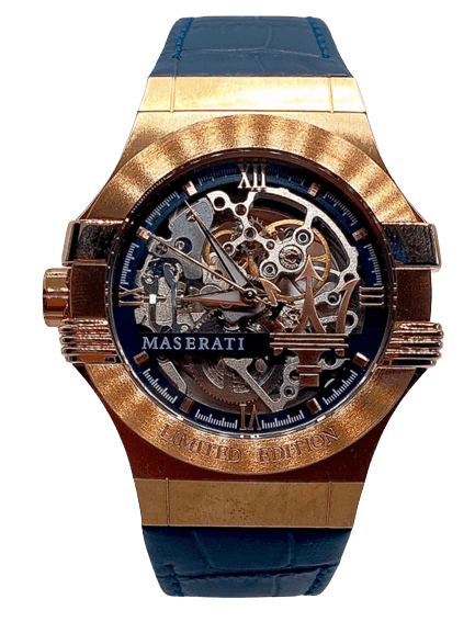 Buy Shop Maserati Automatic Skeleton Dial Rose Gold Blue Leather Strap Watch For Men - R8821108022 USA Online