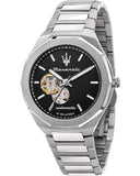 Buy Shop Maserati Stile Skeleton Automatic Black Dial Silver Steel Strap Watch For Men - R8823142002 USA Online