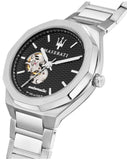 Buy Shop Maserati Stile Skeleton Automatic Black Dial Silver Steel Strap Watch For Men - R8823142002 USA Online
