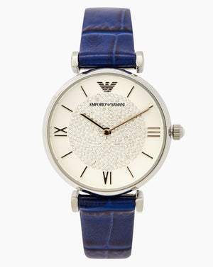 Buy Shop Emporio Armani Gianni T Bar Quartz Crystals Silver Dial Blue Leather Strap Watch For Women - AR11344 USA Online