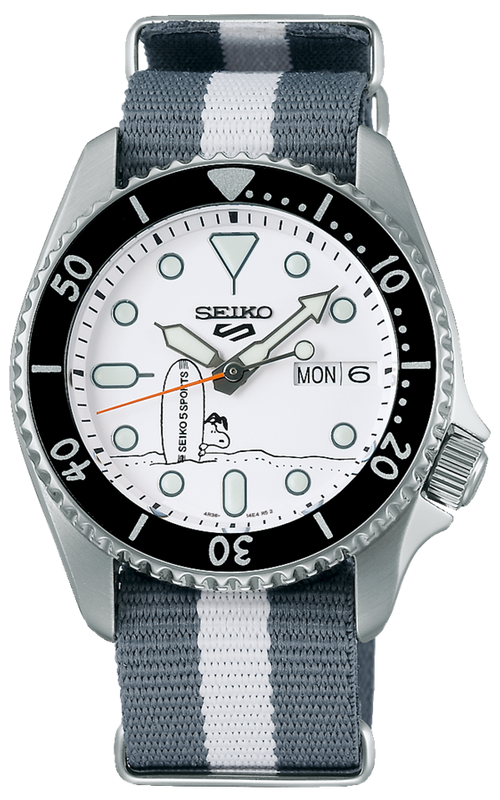 Buy Shop Seiko 5 Sports x Peanuts Surfboard Snoopy Limited Edition White Dial Two Tone NATO Strap Watch For Men - SRPK25K1 USA Online