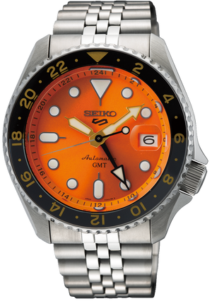 Seiko 5 Sports GMT Automatic Orange Dial Silver Steel Strap Watch For Men - SSK005K1