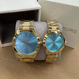 Michael Kors Slim Runway Blue Dial Gold Steel Strap Watch for Women - MK3265