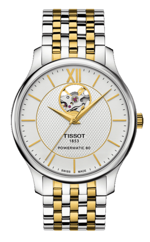 Buy Shop Tissot Tradition Powermatic 80 Open Heart Silver Dial Two Tone Steel Strap Watch For Men - T063.907.22.038.00 USA Online