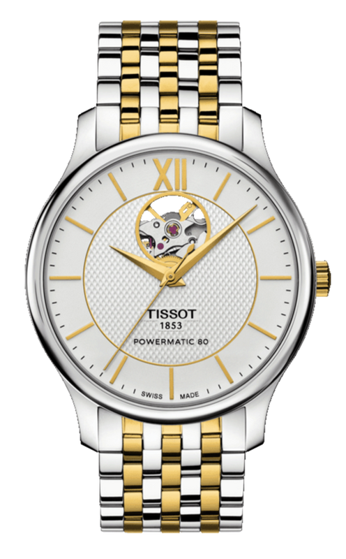 Buy Shop Tissot Tradition Powermatic 80 Open Heart Silver Dial Two Tone Steel Strap Watch For Men - T063.907.22.038.00 USA Online
