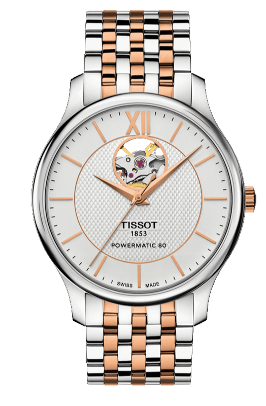 Buy Shop Tissot Tradition Powermatic 80 Open Heart Silver Dial Two Tone Steel Strap Watch For Men - T063.907.22.038.01 USA Online