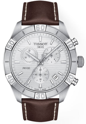 Buy Shop Tissot PR 100 Sport Quartz Chronograph Silver Dial Brown Leather Strap Watch For Men - T101.617.16.031.00 USA Online