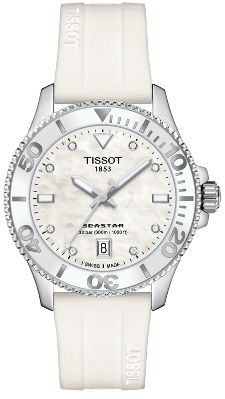 Buy Shop Tissot Seastar 1000 Mother of Pearl White Dial White Rubber Strap Watch for Women - T120.210.17.116.00 USA Online