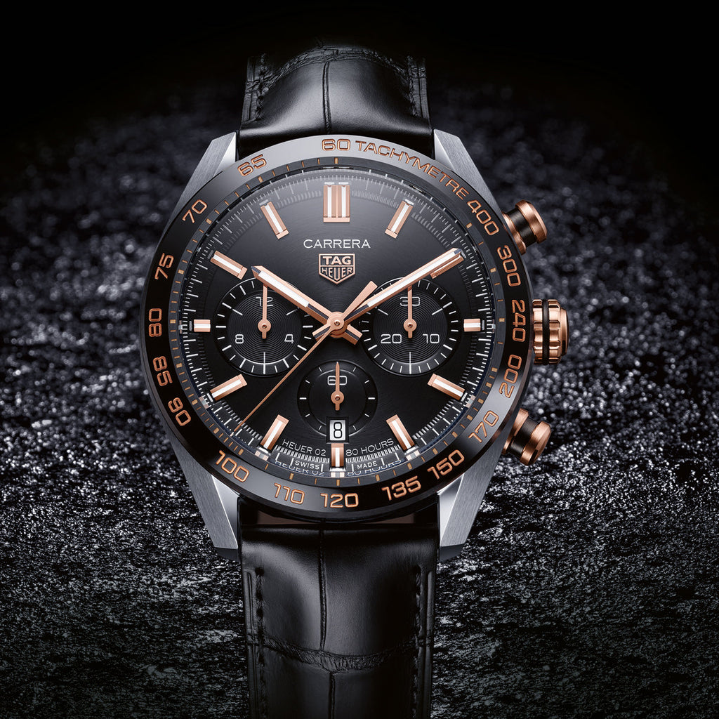 Buy Shop Tag Heuer Carrera Chronograph Black Dial Black Leather Strap Watch for Men - CBN2A5A.FC6481 USA Online