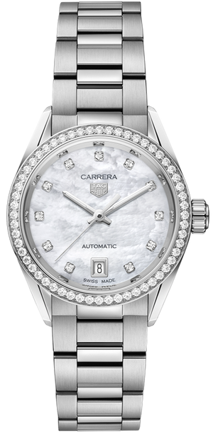 Buy Shop Tag Heuer Carrera Date Diamonds Mother of Pearl Dial Silver Steel Strap Watch for Women - WBN2414.BA0621 USA Online