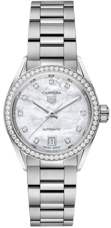 Buy Shop Tag Heuer Carrera Date Diamonds Mother of Pearl Dial Silver Steel Strap Watch for Women - WBN2414.BA0621 USA Online