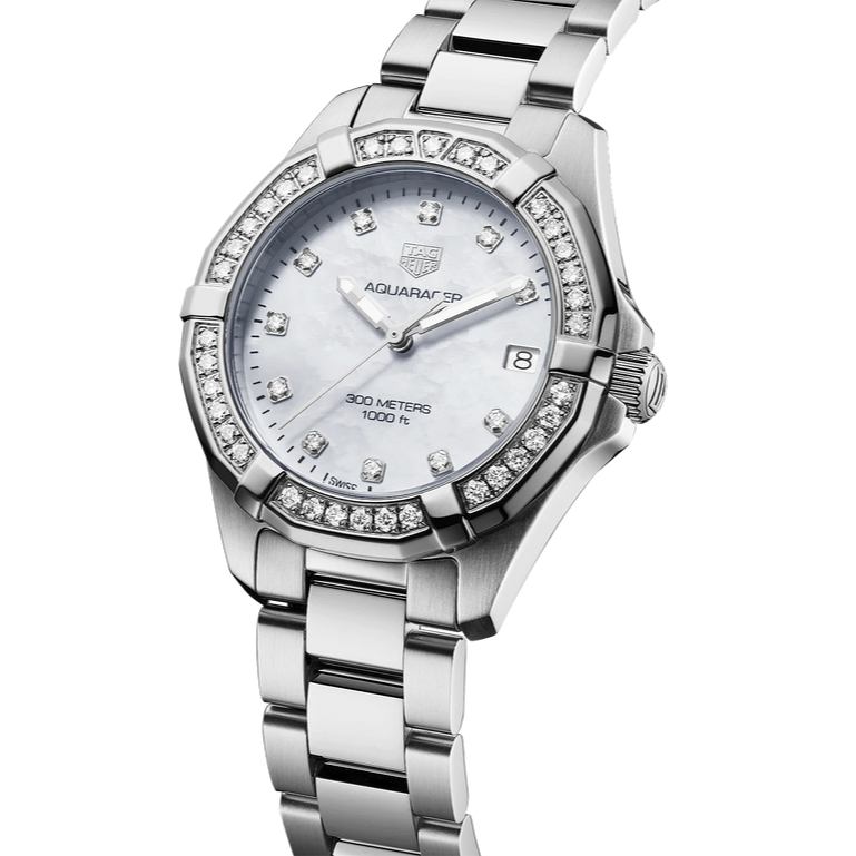 Buy Shop Tag Heuer Aquaracer Diamonds White Mother of Pearl Dial Silver Steel Strap Watch for Women - WBD1315.BA0740 USA Online